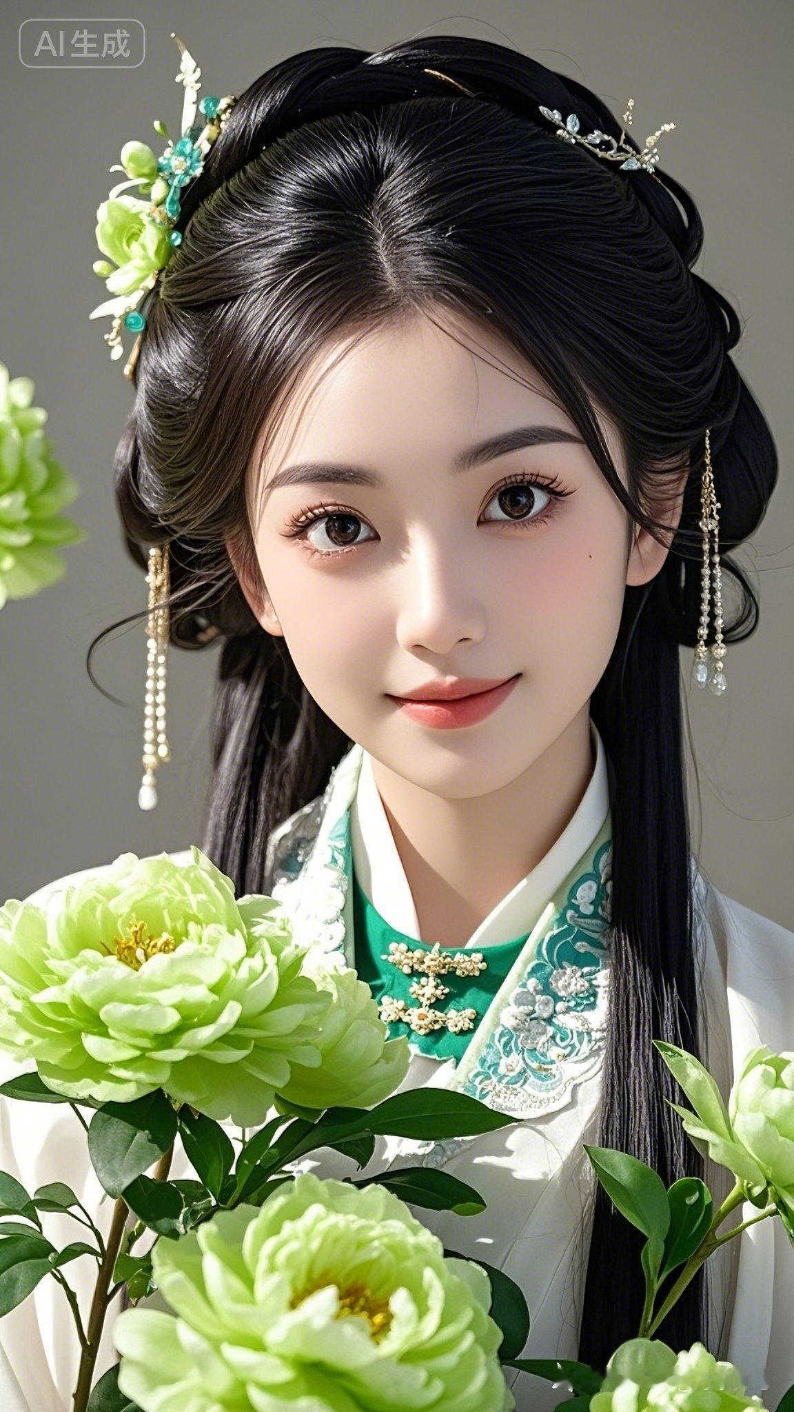 18岁古装美女，浓眉大眼长睫毛超高清，长发及腰顶缀编发发饰，白衫内搭华丽绿裳，与