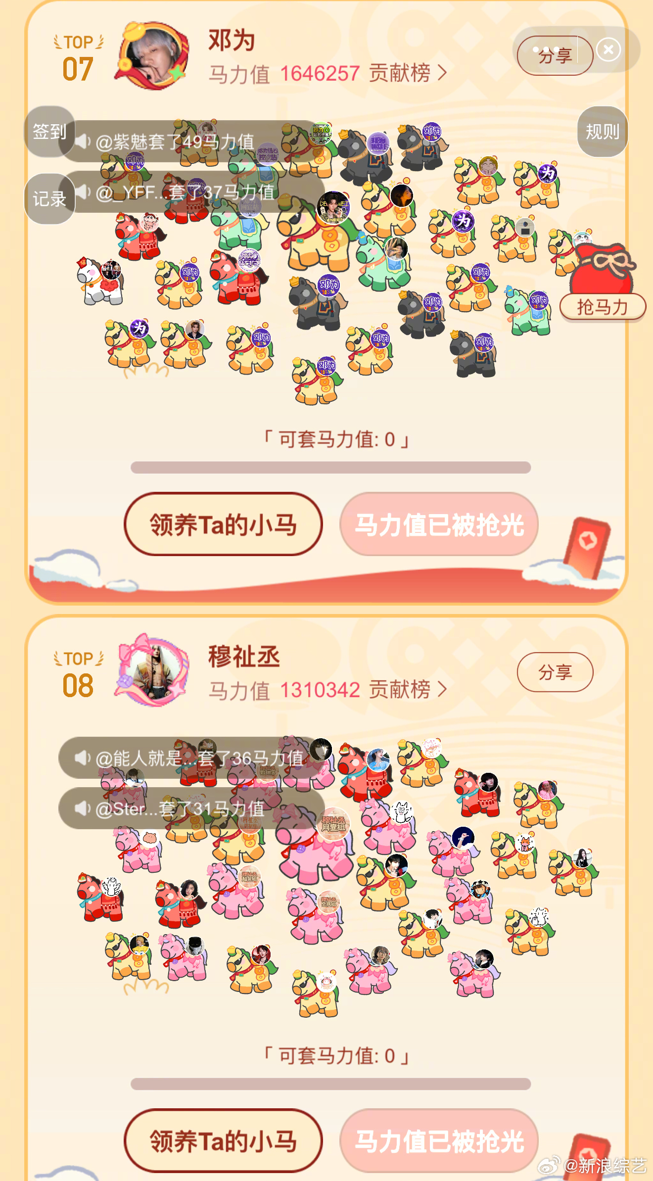 内娱男明星有多爱养马 这一次春晚大赏的养马活动发现好多爱养马的人，目前前九位，一