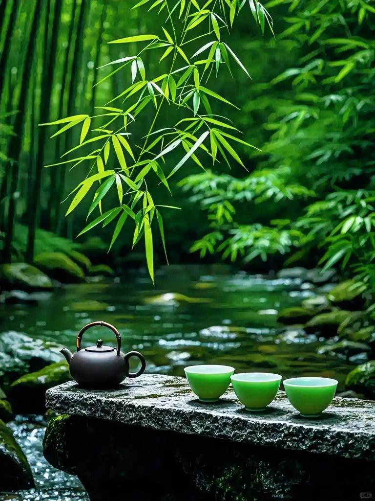 雨欺弱柳千行泪；
风敲劲竹万种音。