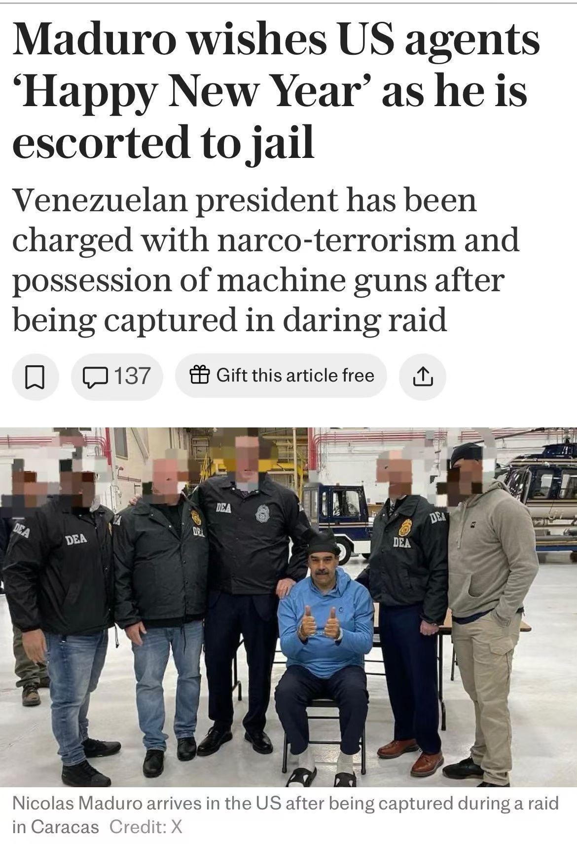 老马很幽默。在马杜罗被押送至纽约一所戒备森严的监狱时，他向羁押他的美国官员致以“