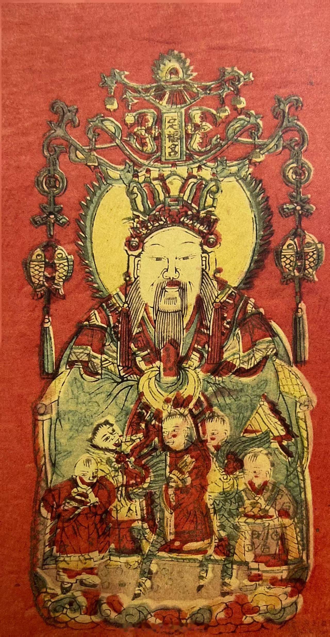 #上海小校场年画#灶神清末 纸马16.7x31.6厘米彩色套印灶神（也称灶王、灶