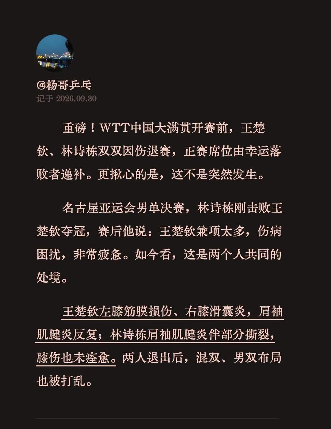 重磅！WTT中国大满贯开赛前，王楚钦、林诗栋双双因伤退赛，正赛席位由幸运落败者递