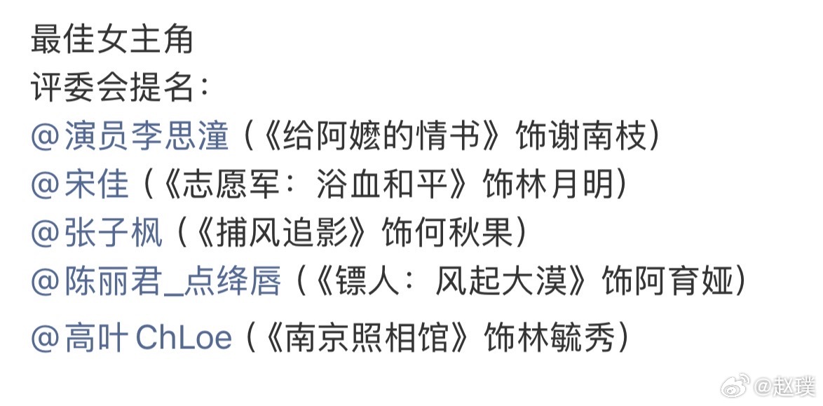 金鸡奖提名提前预测一个最佳女主是高叶。这次金鸡奖应该不会给宋佳了，毕竟再得奖舆论