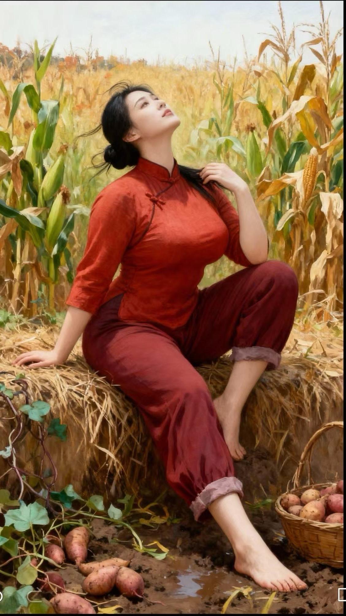 秋收里的巾帼风姿

秋收时节，广袤田野满溢着丰收的气息。一位身着传统红色服饰的女