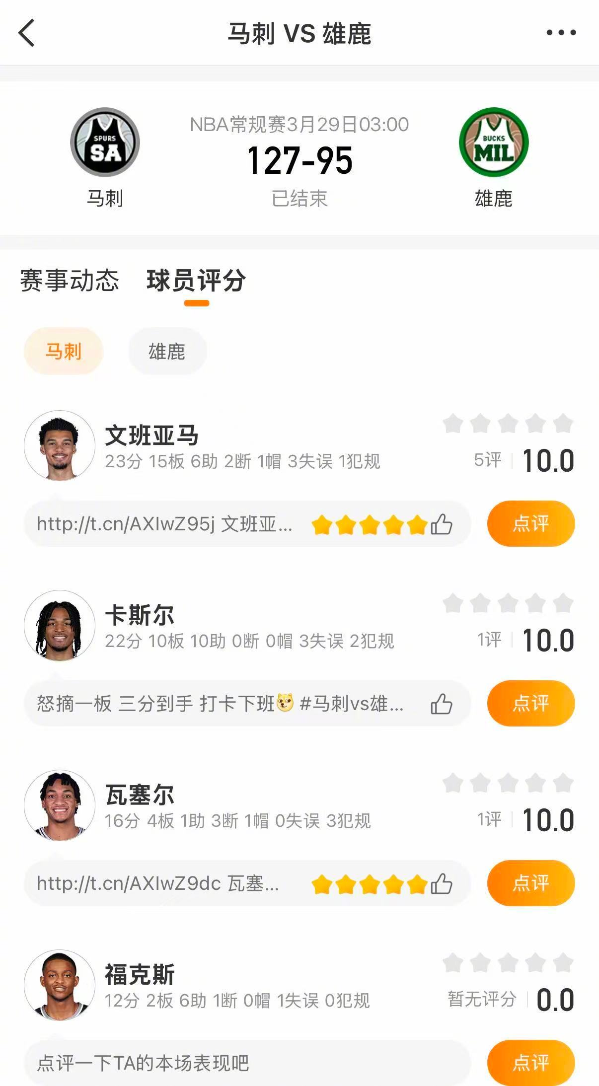 马刺战胜雄鹿 马刺127-95战胜雄鹿。马刺方面，文班亚马23分15篮板6助攻，