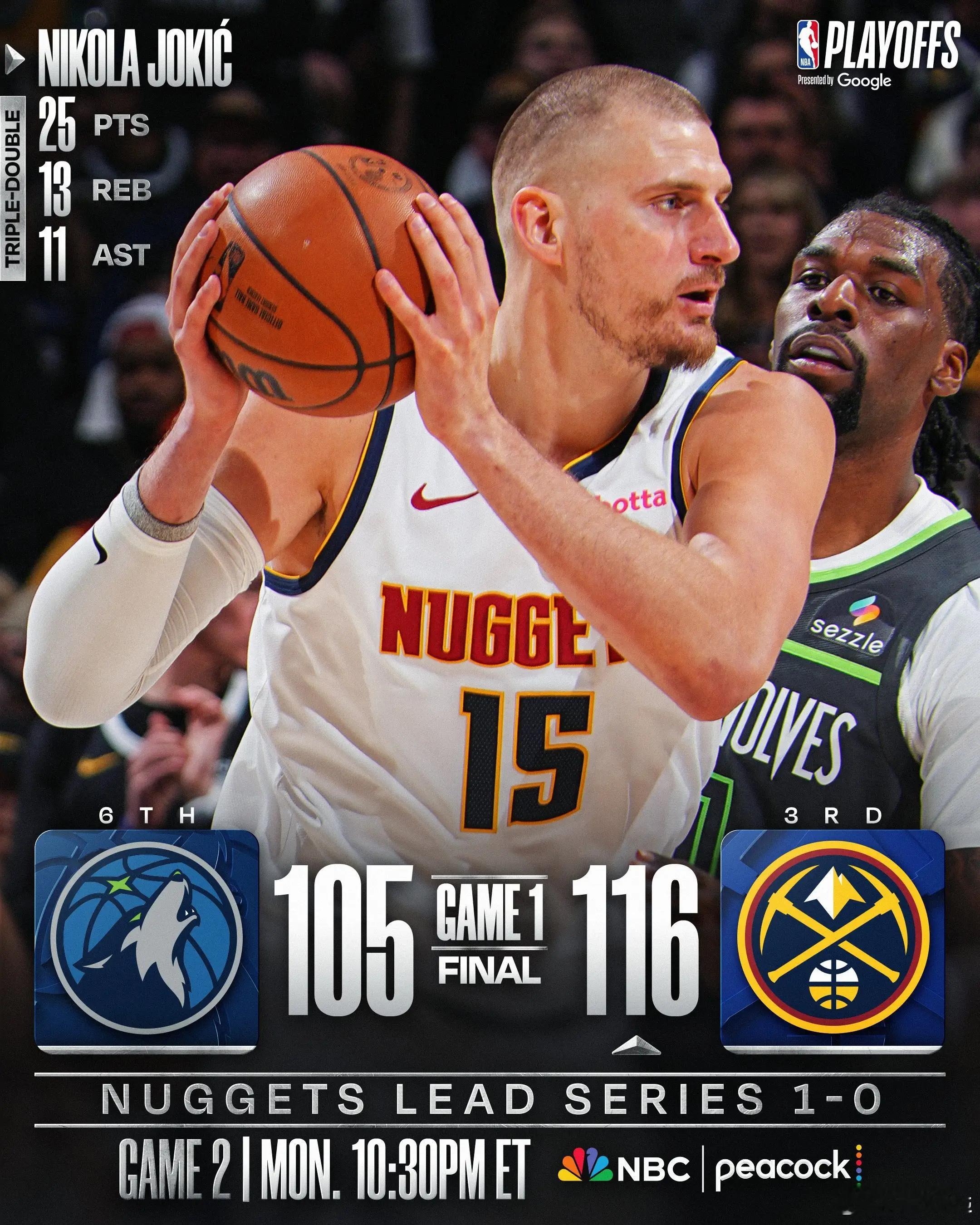 穆雷30+7约基奇25+13+11 掘金主场力克森林狼北京时间4月19日，西部季