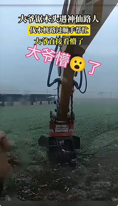 大爷锯木头遇神仙路人，伐木机路过顺手帮忙，大爷直接看懵了。
大爷懵了。