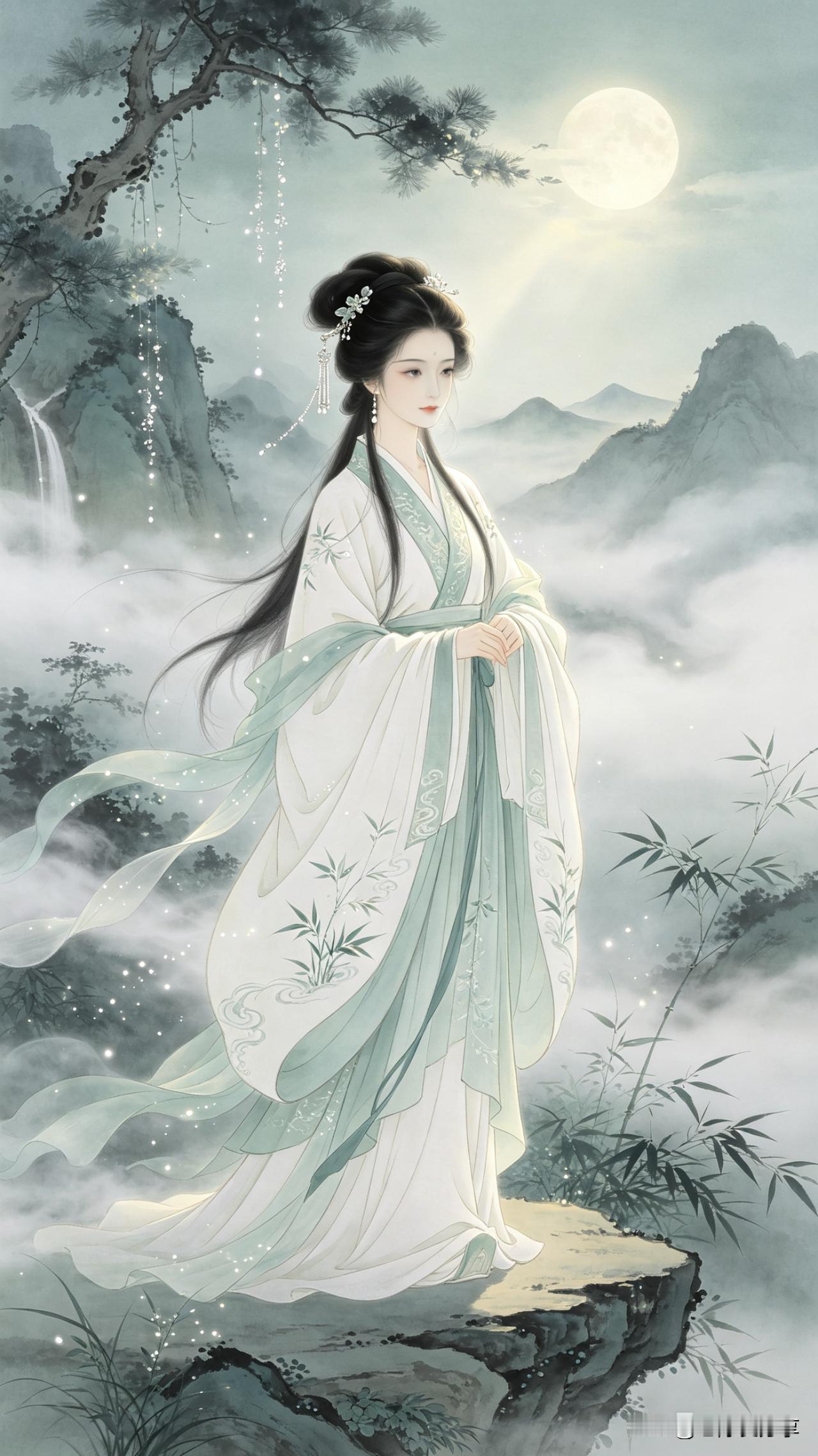 鹧鸪天·月下山巅

素袂飘摇立翠微，松风拂鬓月华垂。
青衫绣竹含烟色，玉佩摇星入