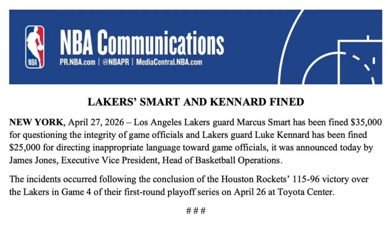#斯玛特肯纳德质疑裁判被罚款#NBA官方今日发布公告，斯马特因质疑比赛裁判的公正