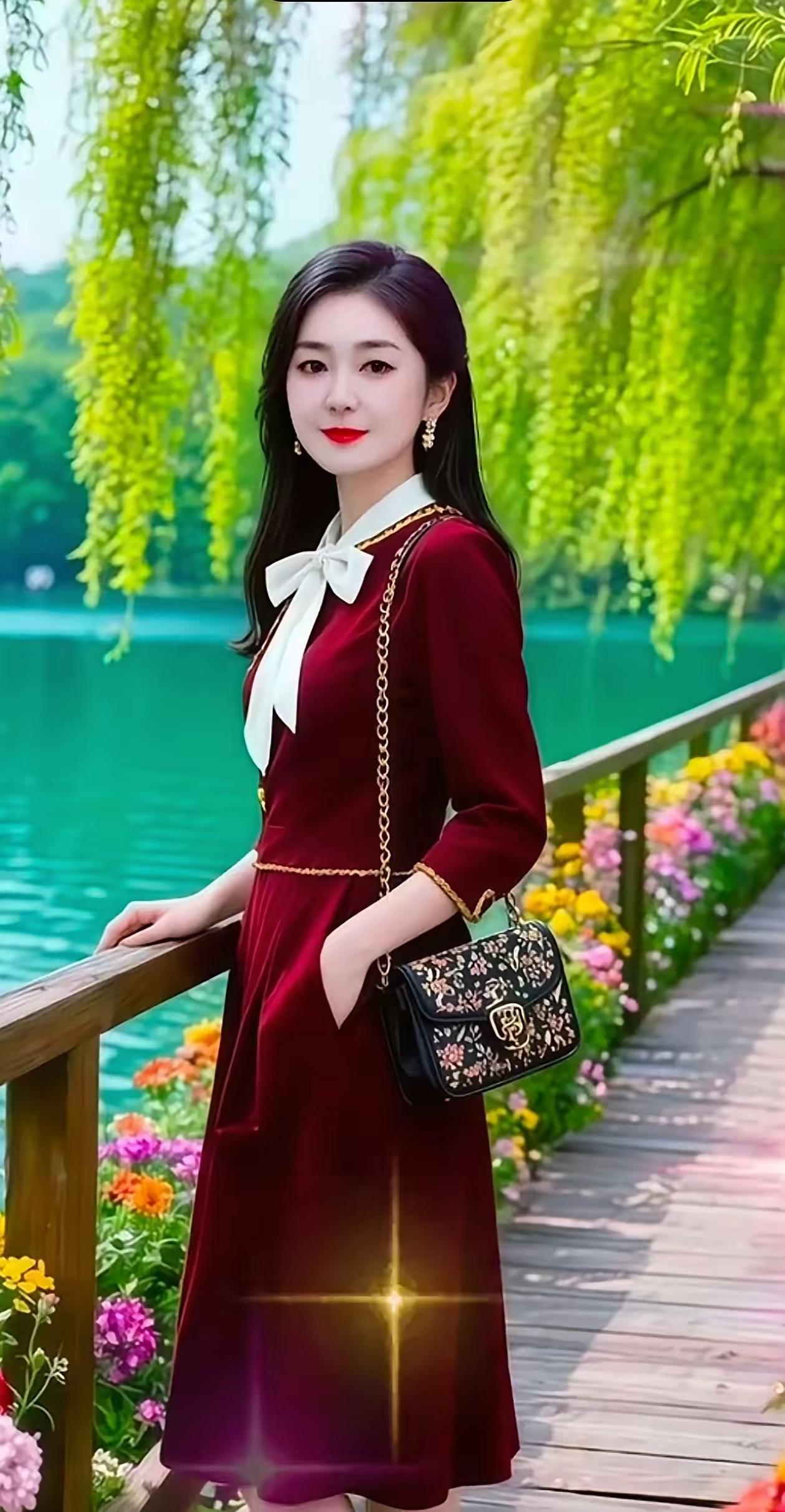 塞鸿秋·湖岸春行 
柳丝摇翠拂晴波，
红裙映影临河卧。
蝶结金饰添娇娜，
绣包轻