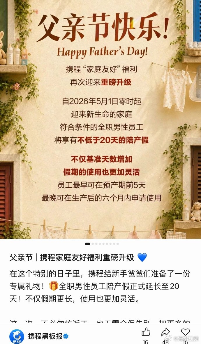 【携程全职男员工陪产假延长至20天】携程加长全职男员工陪产假 6月18日，携程集