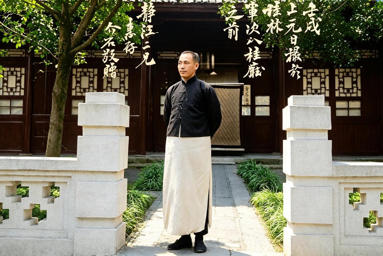 这是一九二二年，三十五岁的蒋中正身穿长衫外套马褂，背着双手，站在桂林住宿院子里。