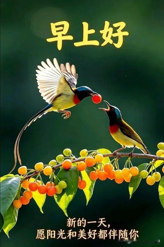 “新的一天，愿阳光和美好都伴随你”🌞🍒🐦