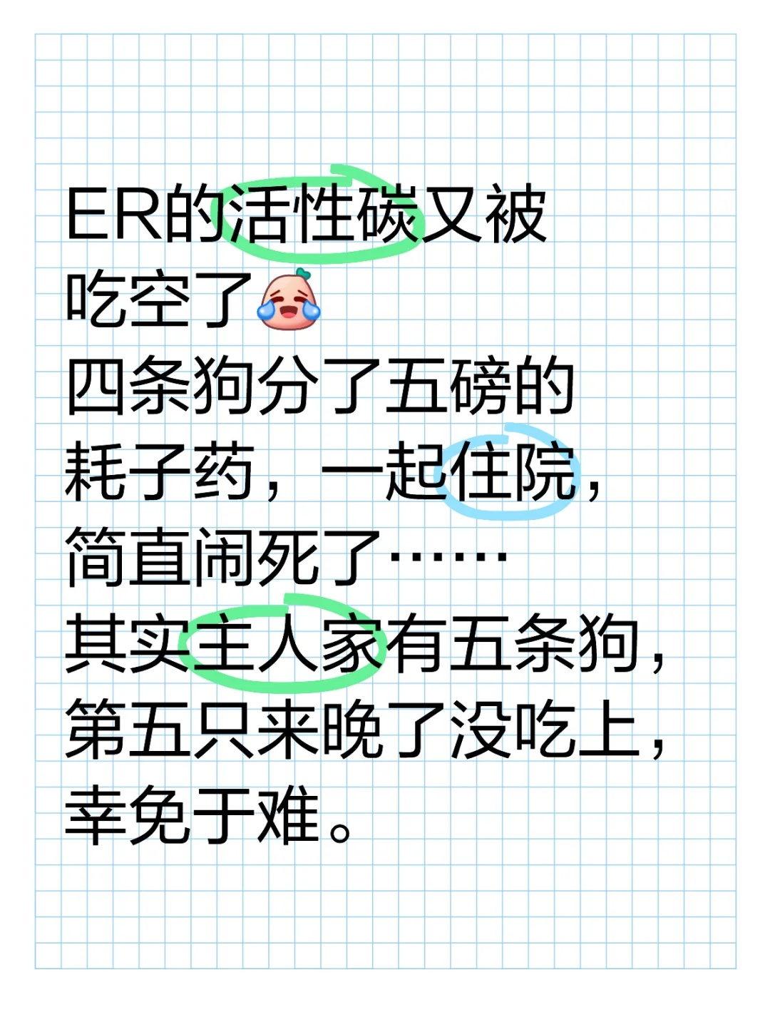 ER的活性碳又被吃空了[笑哭R] 四条狗分了五磅的耗子药，一起住院，简...