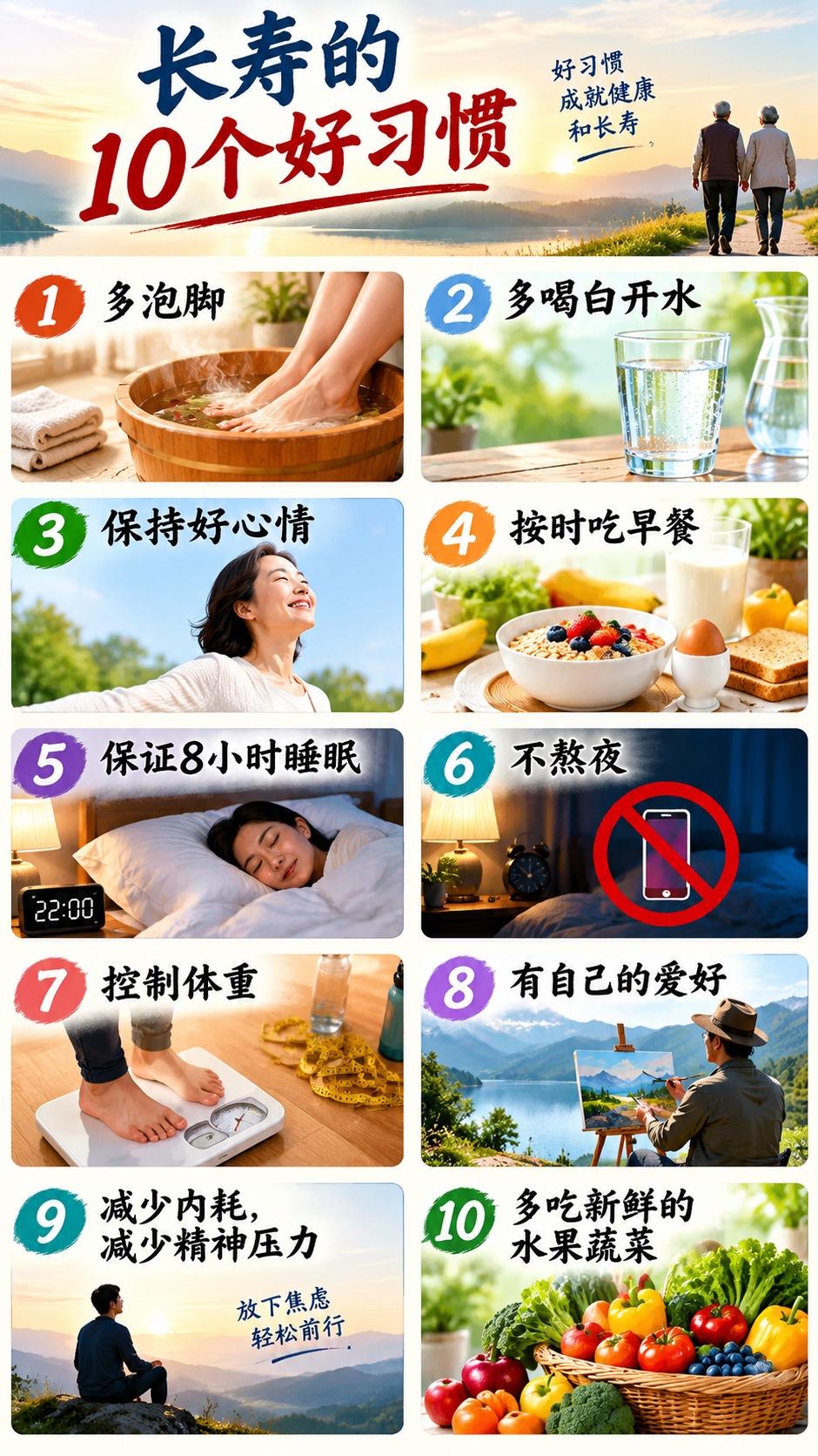 长寿的 10 个习惯，你能做到几条？
我先说，做到了7条，多泡脚、不熬夜、减少精