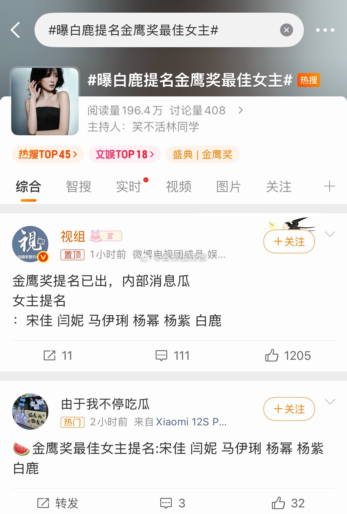 金鹰奖明明爆料提名：宋佳 闫妮 马伊琍 杨幂 杨紫 白鹿，为啥词条是白鹿的？