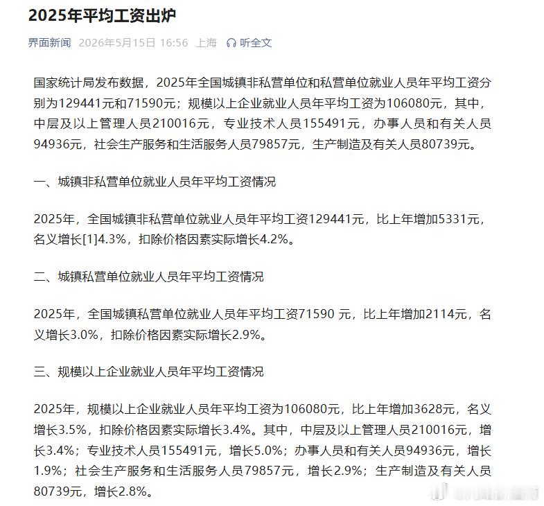 国家统计局发布数据，2025年全国城镇非私营单位和私营单位就业人员年平均工资分别
