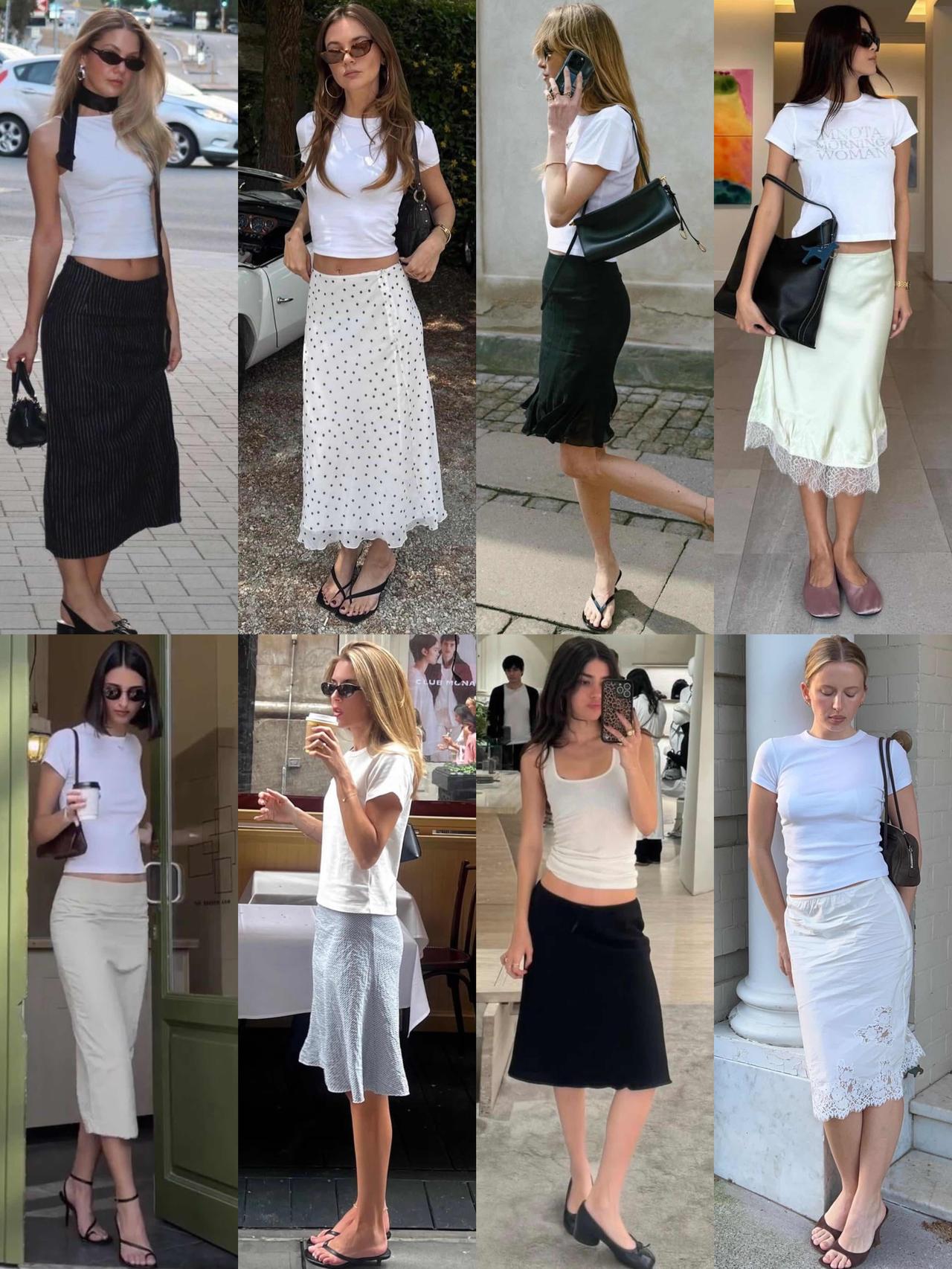 T恤配裙子，减龄又温柔！
简约白T搭配不同款式的半裙，轻松拿捏多种风格。波点、条