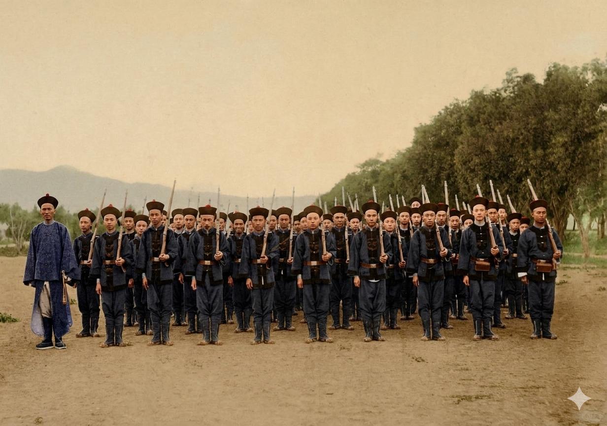 清末，天津城郊户外练兵校场，天津北洋水师学堂学员野外操演队列，一整列青年学子，以