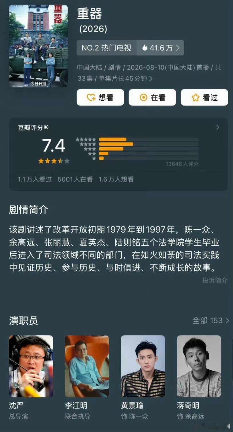 黄景瑜、蒋奇明、张佳宁主演的《重器》豆瓣开分7.4，高了还是低了？虽然感情戏有争