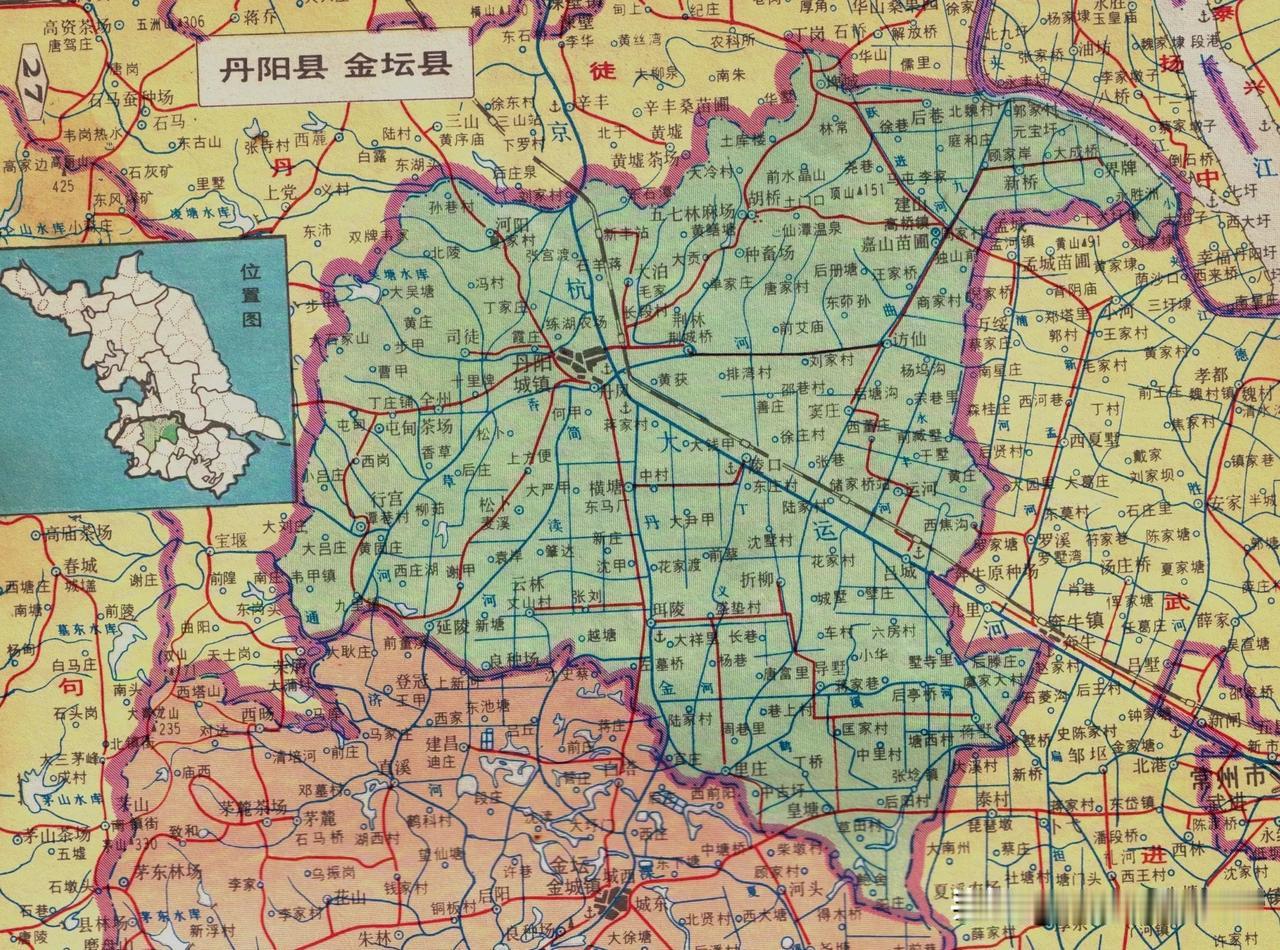 1984年江苏省镇江市丹阳县地图。丹阳县现在是丹阳市。当时的丹阳县城直接叫城镇，