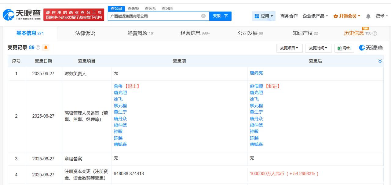 【广西能源集团增资至100亿 增幅约54%】
天眼查App显示，近日，广西能源集