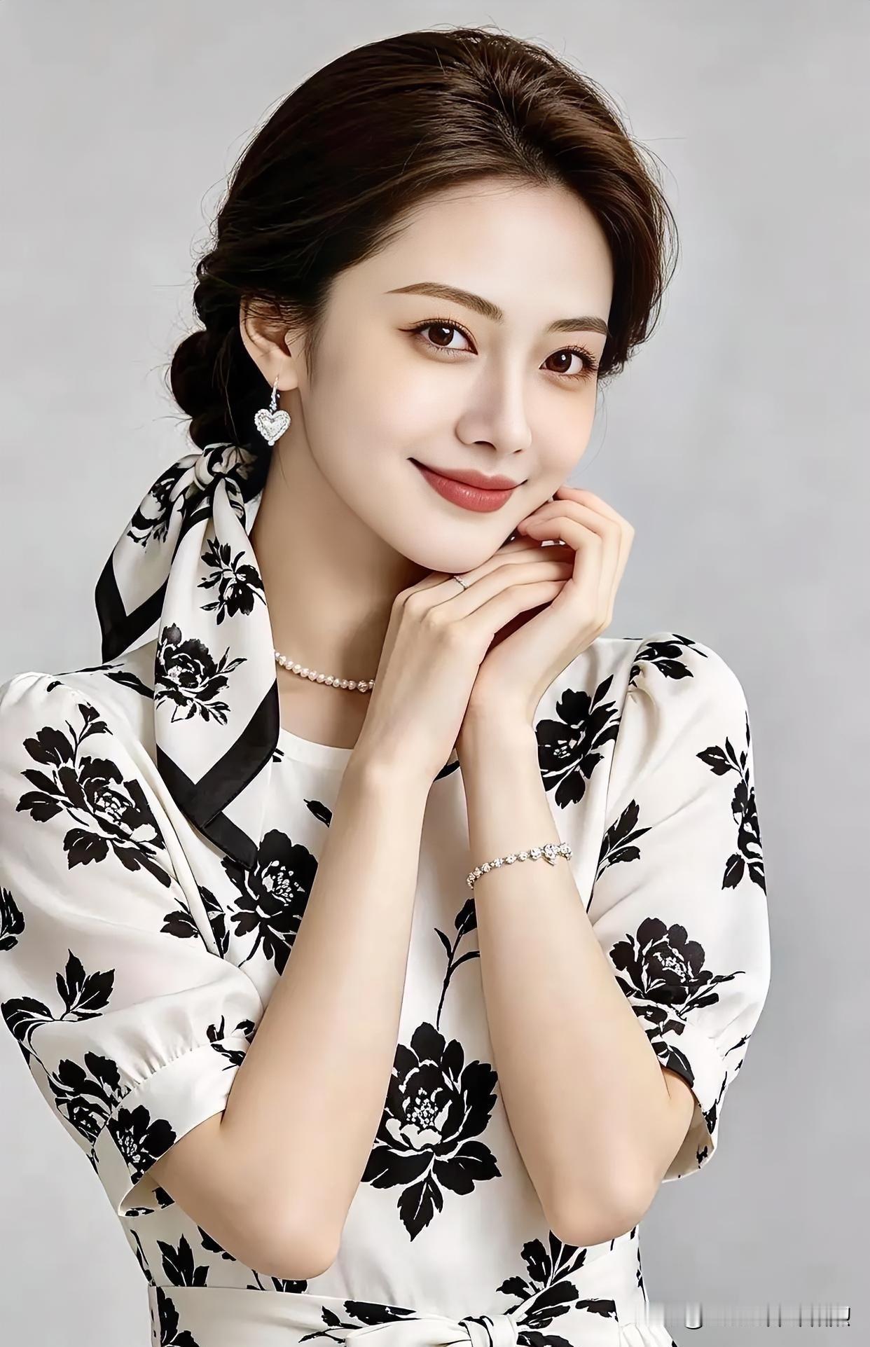 《墨韵芳华》

素绢墨花绕颈间，珠环玉臂映娇颜。

低眉浅笑春如水，温婉天成自不