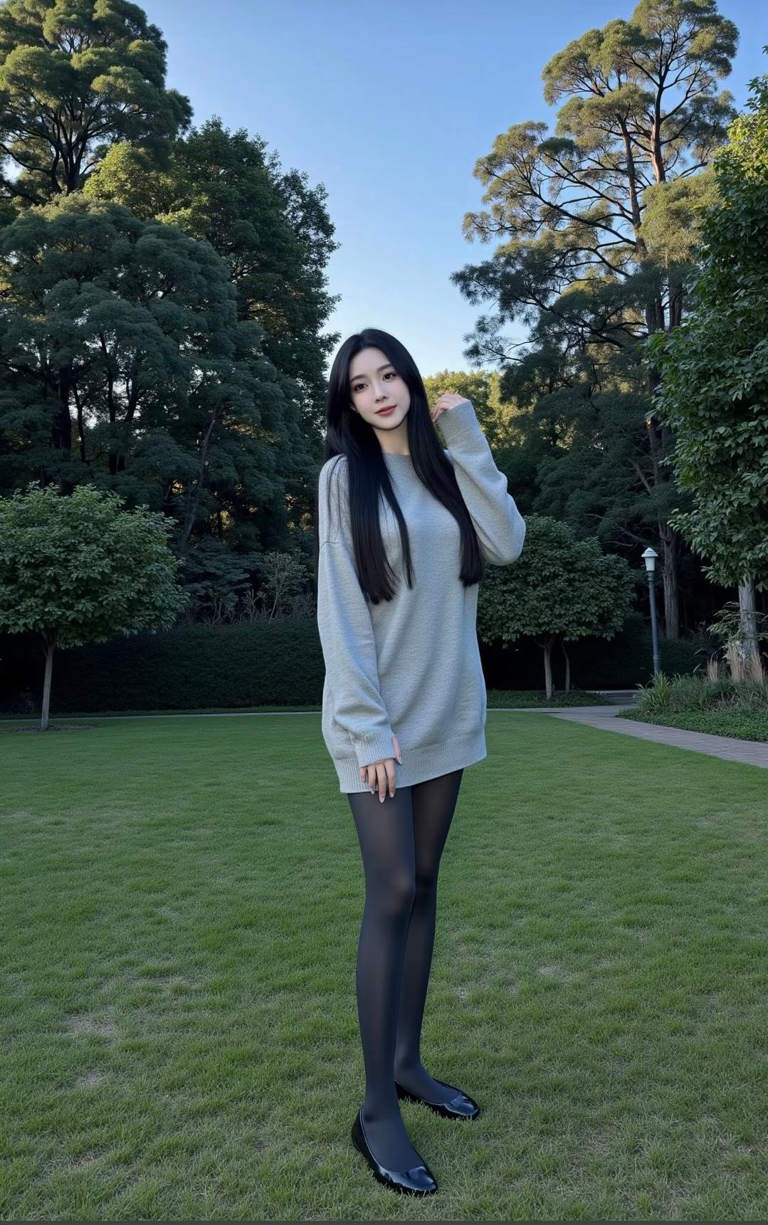 在绿意盎然的公园里，温柔少女与自然融为一体。