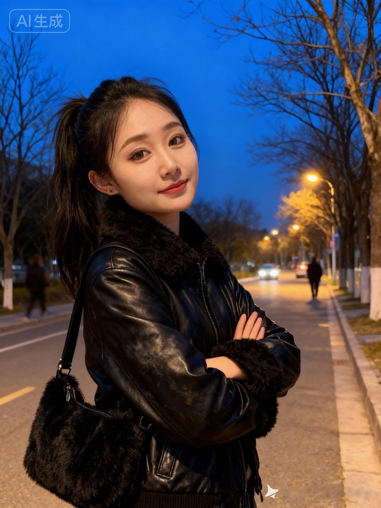 天刚蒙蒙亮，行人和车辆还很模糊，都市就繁忙起来了，漂亮女子站在街上等待上班的接送