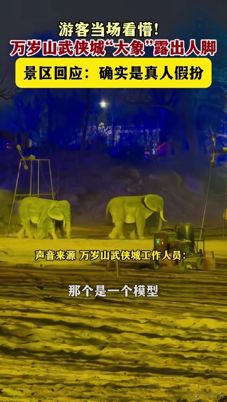 四个男人扮大象[笑哭]。
万岁山的大象表演露出人脚
观众纷纷质疑大象是假的
随后