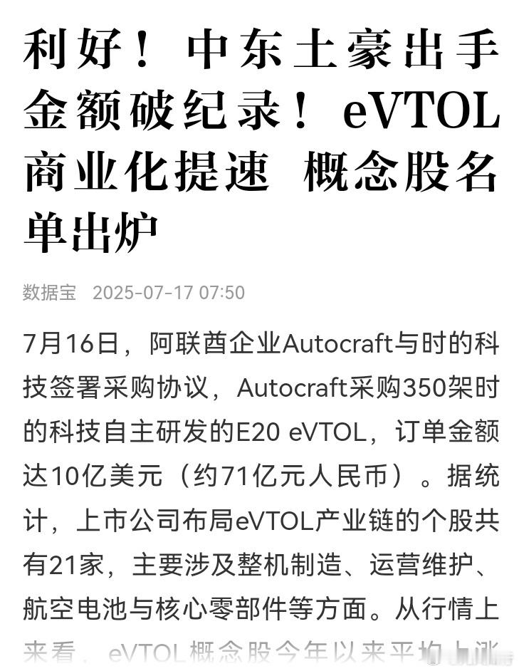 阿联酋企业采购了10亿美元的低空飞行器，说明低空经济在加速前进。但由于题材是旧题