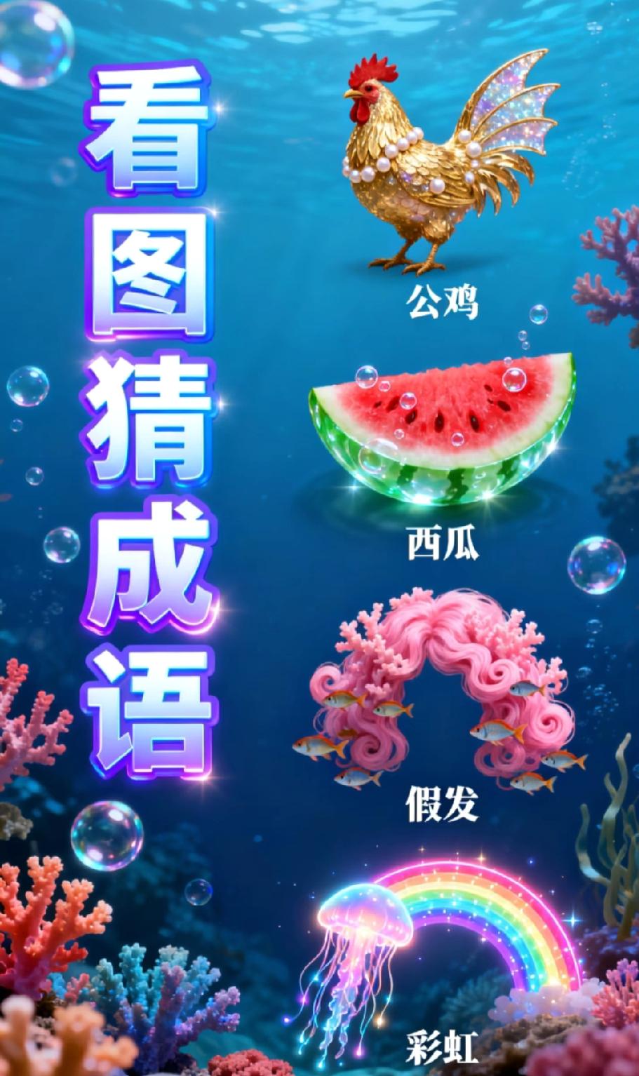 这图猜成语我懵了！公鸡+西瓜+假发+彩虹，谁能秒出答案？评论区等大神！