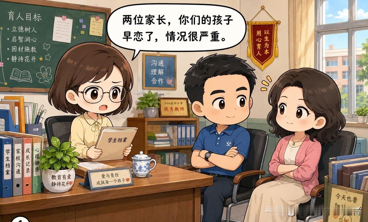 趣味漫画：老师： “两位家长，你们的孩子早恋了，情况很严重。” 家长（淡定）： 