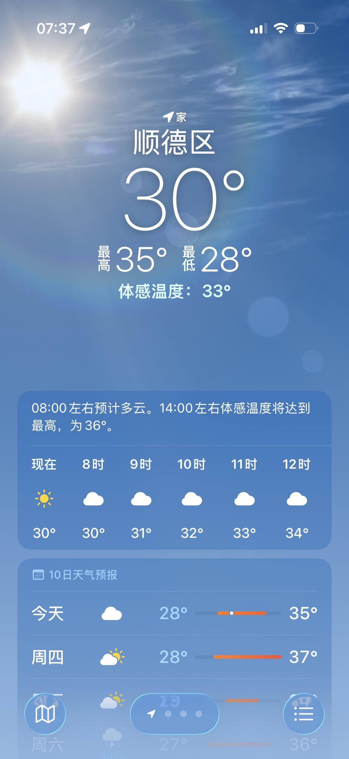 坐标广东顺德大良，今日温度最高35度，估计已经进入大夏天的节奏了，我七点起来，本