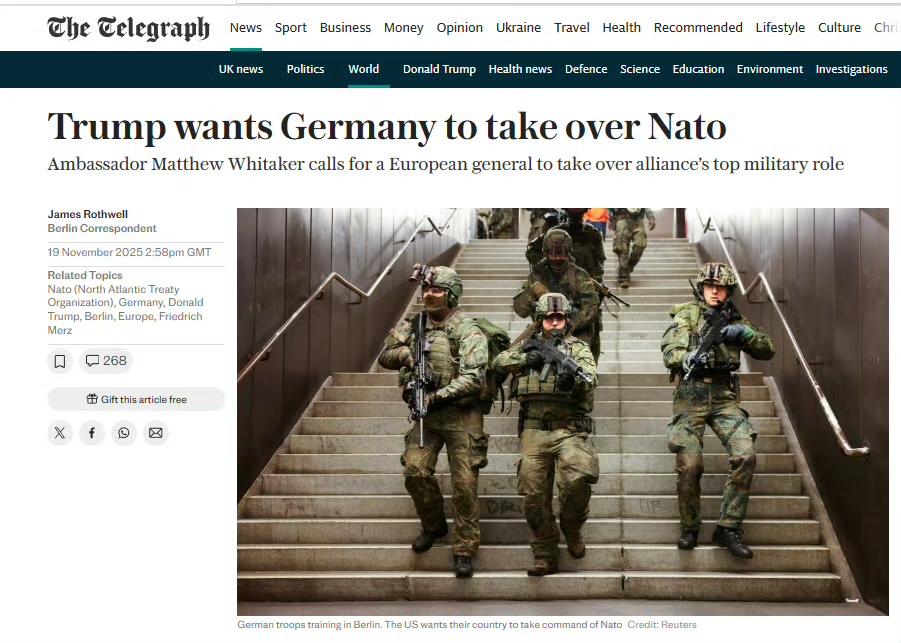 特朗普希望德国接管北约，大使马修·惠特克呼吁一位欧洲将军接替联盟最高军事职务。