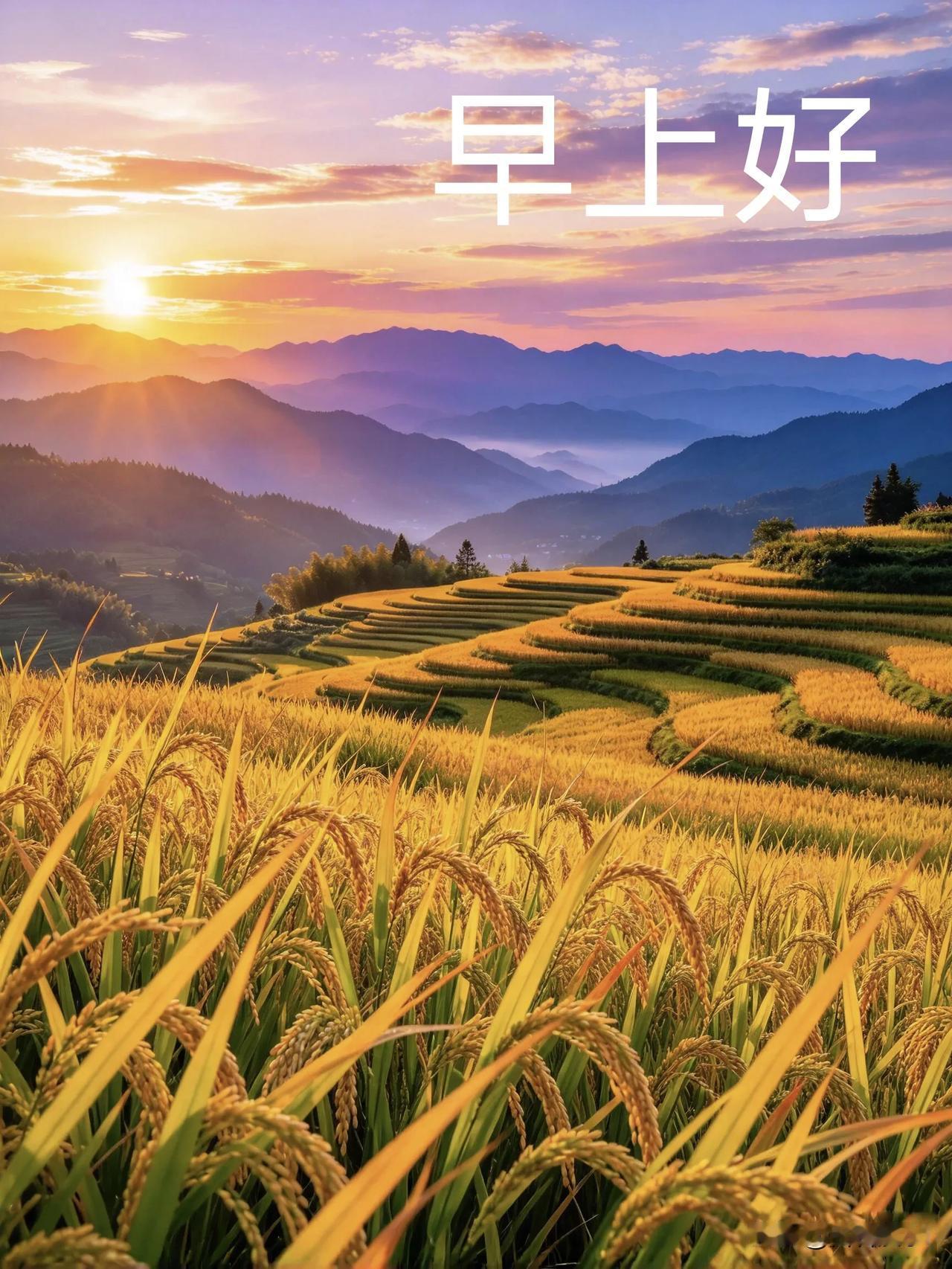 晨光照梯田，稻谷满金黄，早安，愿岁岁丰收，平安吉祥。