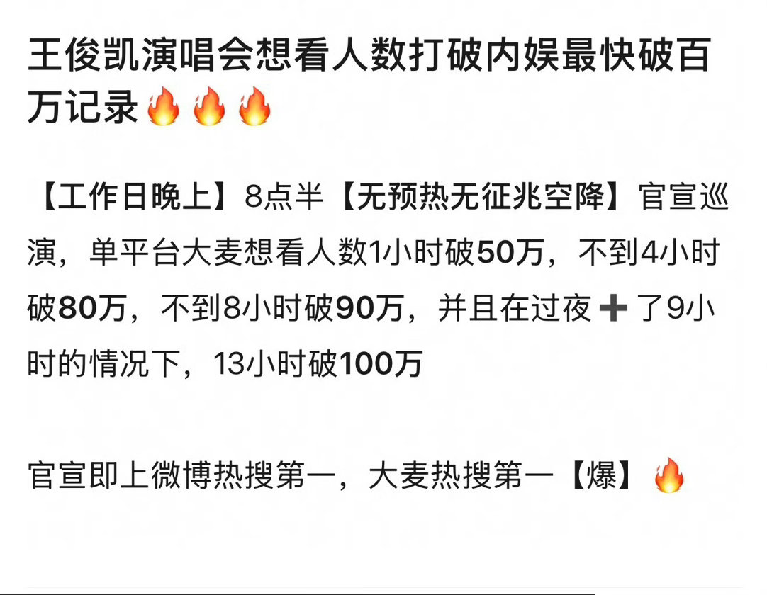 王俊凯仅用13小时破内娱记录王俊凯演唱会后续百万人抢票 我的天 