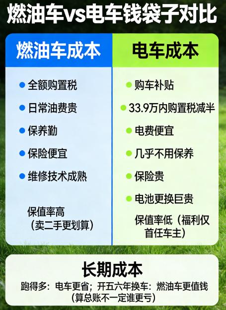 🚗 燃油车vs电车对比
一、钱袋子方面
买车&养车：燃油车要交全额购置税，日常