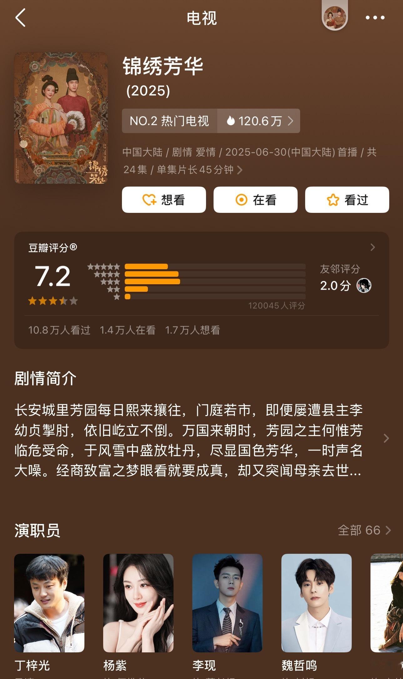 杨紫李现《锦绣芳华》豆瓣开分7.2，12万人评分。 ​​​