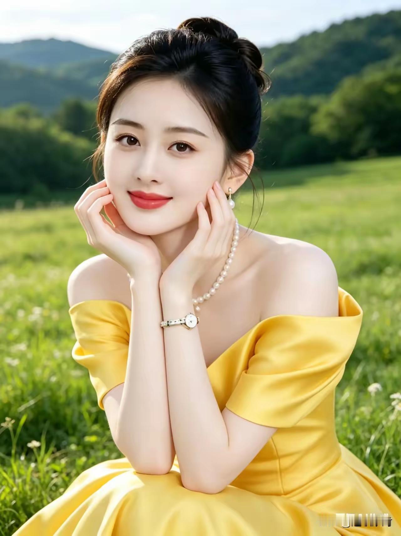 夏日清新少女，黄色露肩裙，微笑在绿意盎然的山野间。