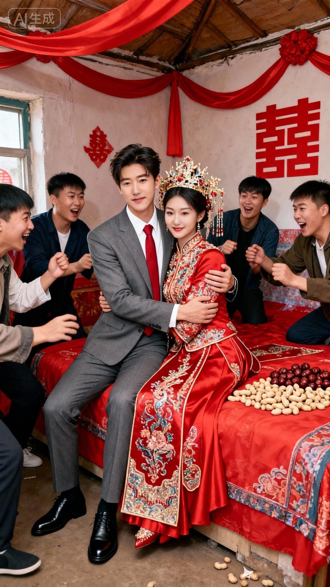 喜庆的婚礼现场，新郎新娘喜气洋洋，周围亲友欢声笑语。