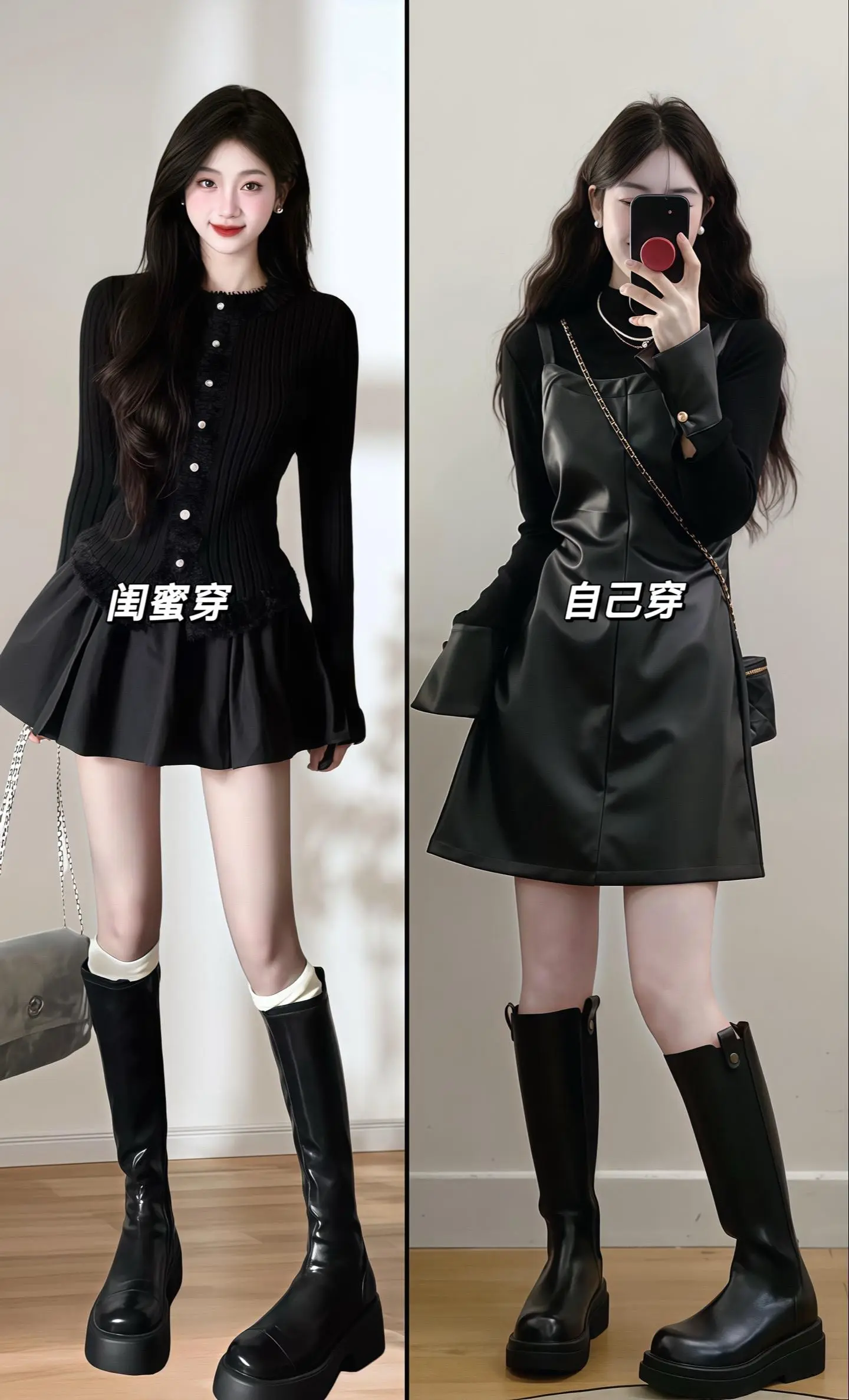 假两件皮裙！单穿打底都好看的假两件皮裙，上身也太显瘦显气质了叭！微胖身...