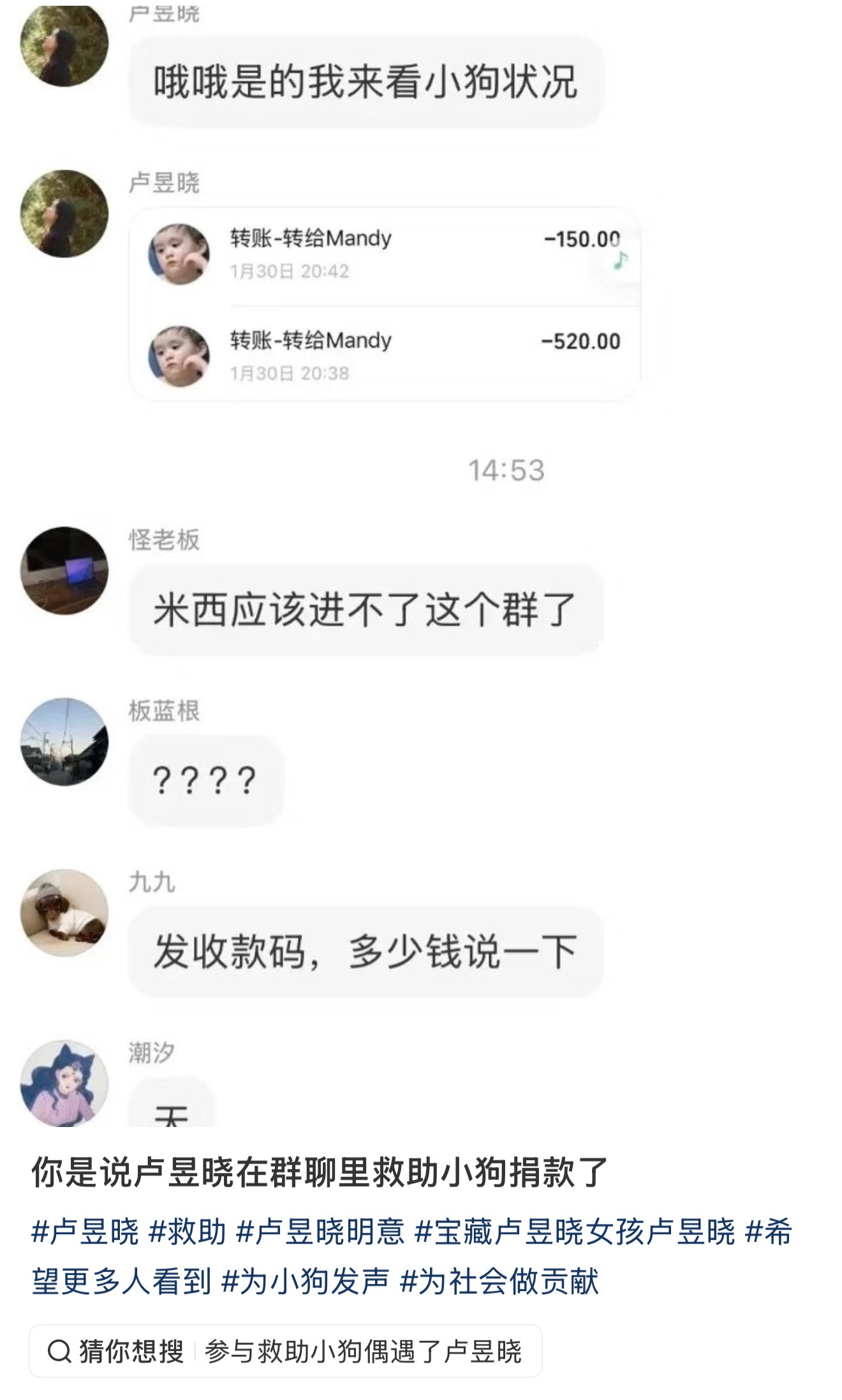 卢昱晓在🍠群救助小狗噜噜晓是一个超级棒的小女孩是博主因为收到大额捐赠后在群里问