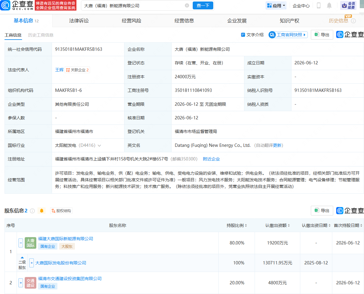 大唐发电、福清国资成立新能源公司，含风力发电相关业务