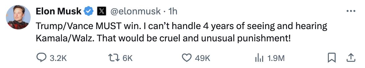埃隆·马斯克发布推文：“特朗普/万斯必须赢。我不能忍受再看听四年的卡马拉/沃尔兹