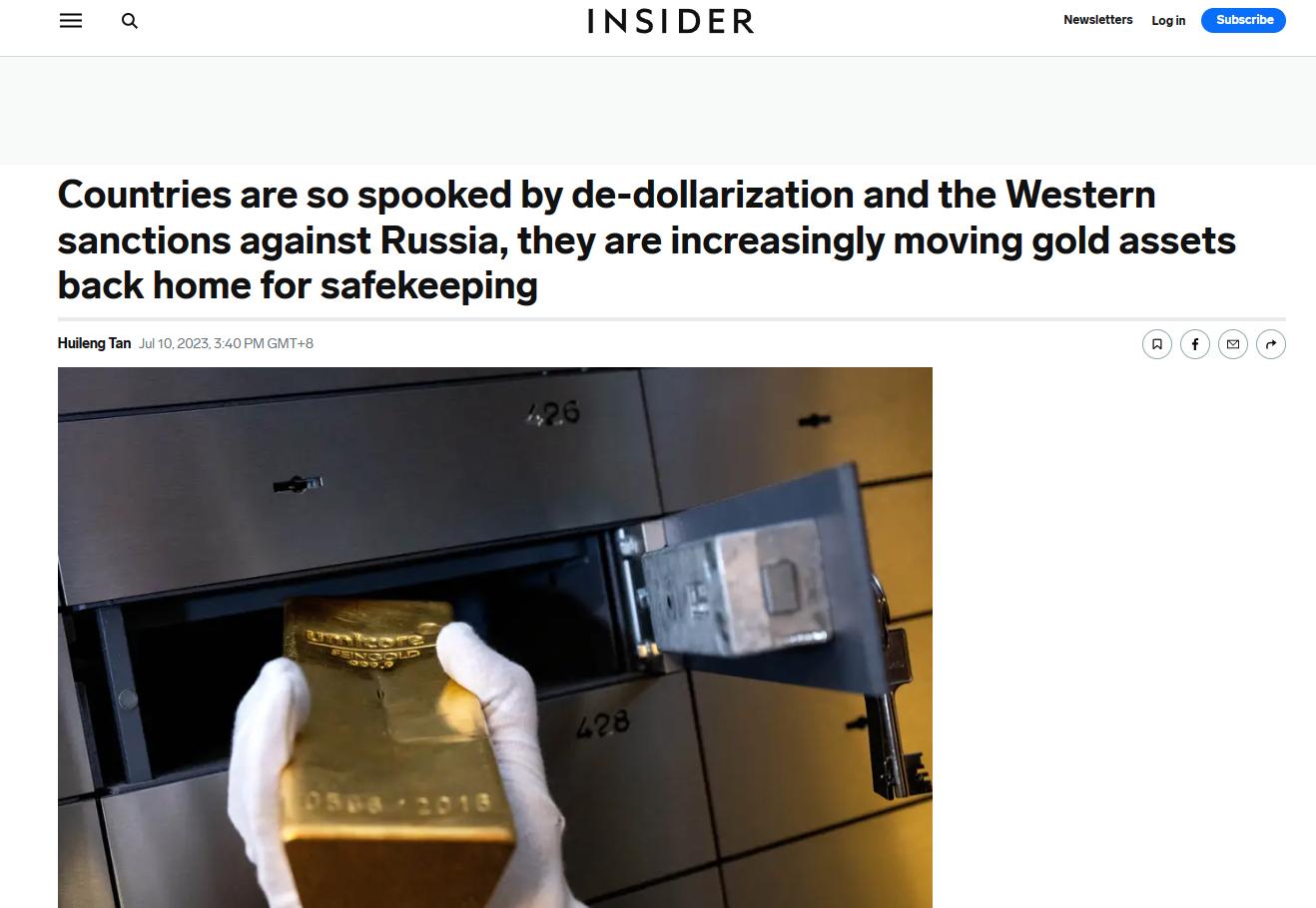 《各国对去美元化和西方对俄罗斯的制裁感到非常害怕，他们越来越多地将黄金资产转移回