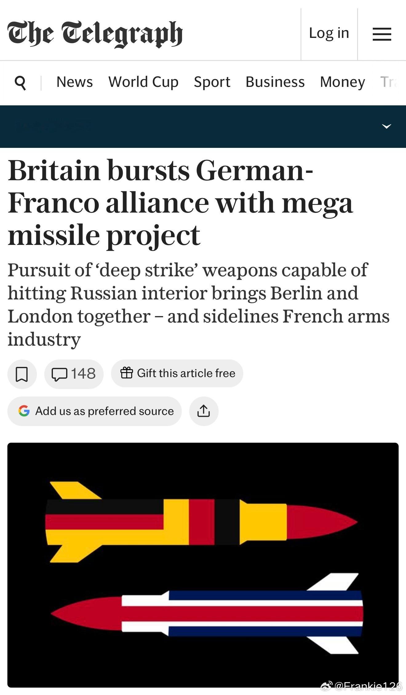 英德防務合作進入「黃金時代」　長程導彈計畫削弱法德傳統軍工聯盟英國《電訊報》（T