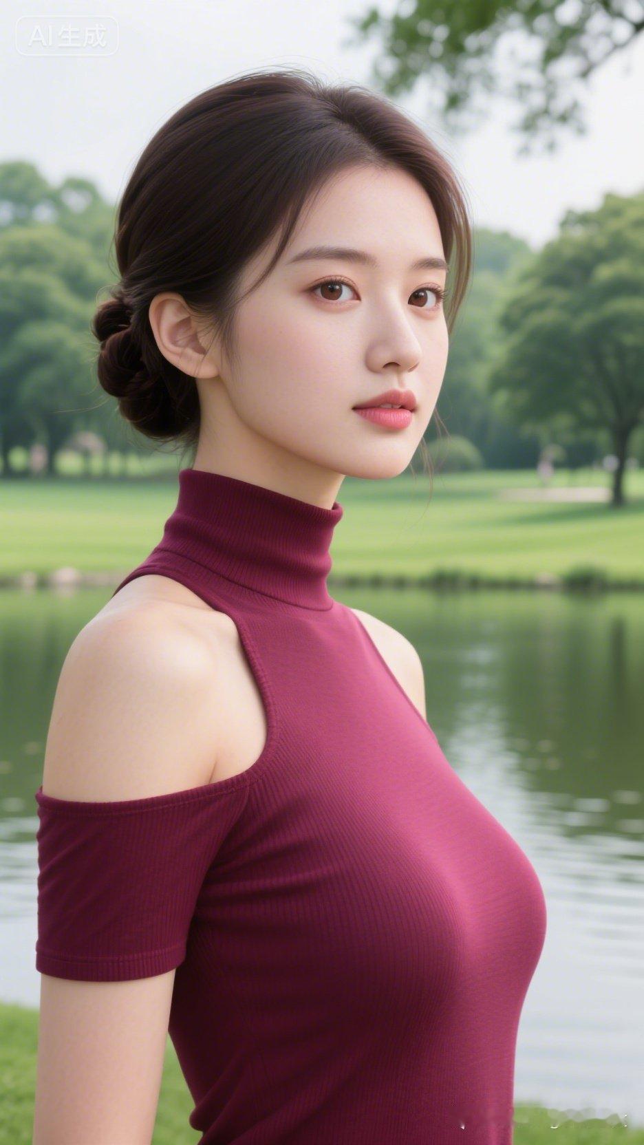 优雅气质，红衣少女，公园里的惊艳一瞥。