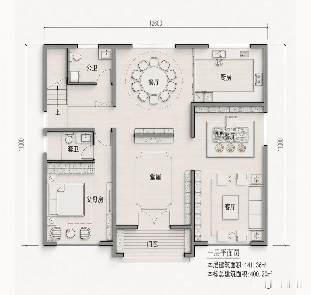占地尺寸：面宽12.6米，进深11.0米，三层自建房户型布局。
一层布置堂屋，客