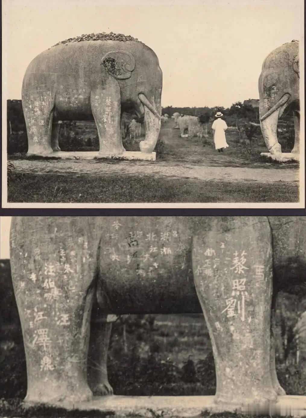 百年前的明孝陵石像成了留言墙。石像上的签名，还剩多少痕迹？还有在镇墓兽上咒人，可